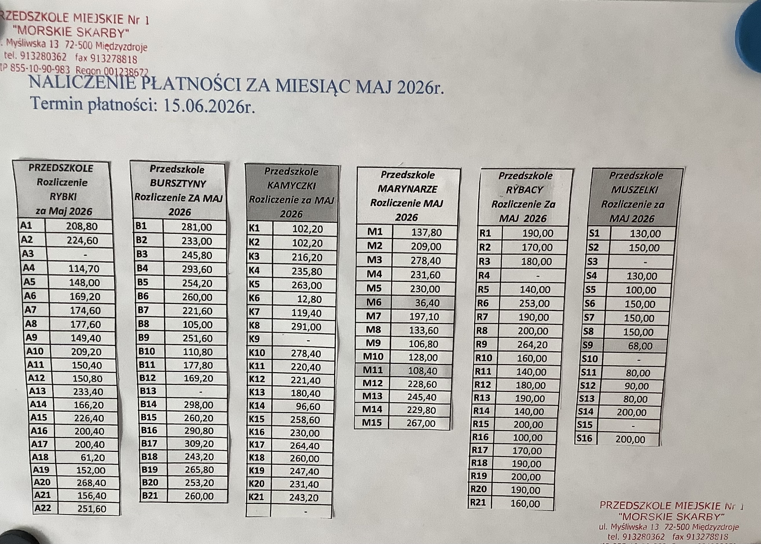 NALICZENIA ZA MIESIĄC MAJ 2026